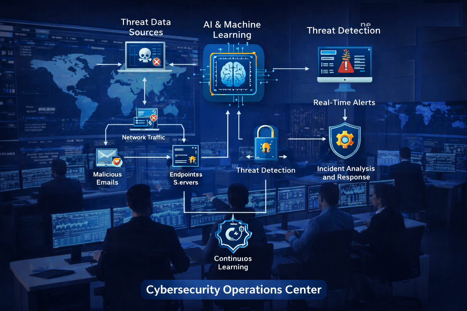 Cybersecurity Operations Center showing analysts and AI agents collaborating to monitor threats